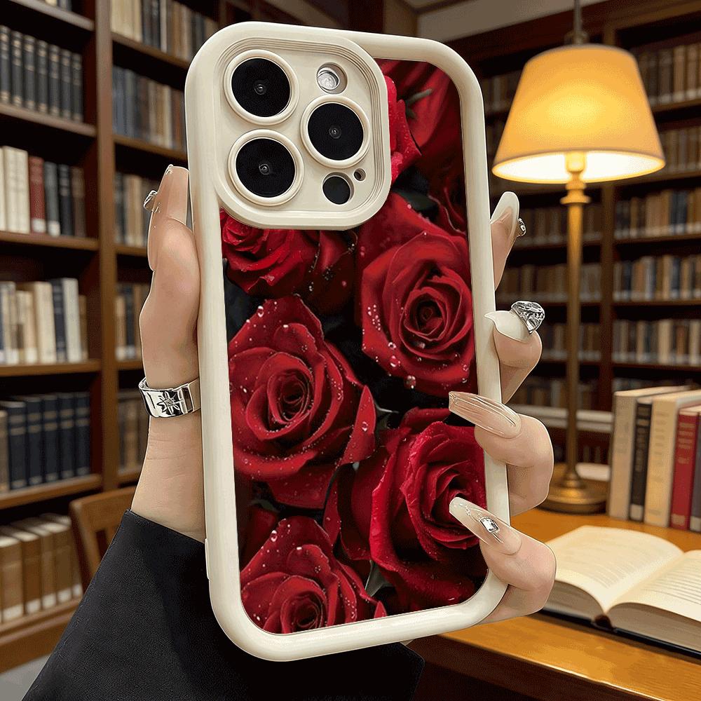 Чехол для телефона 'Красные розы с каплями росы' для iPhone 17 16 15 14 13 12 11 Pro Max Plus, Защитный, Гелевый, Гибкий, Противоударный