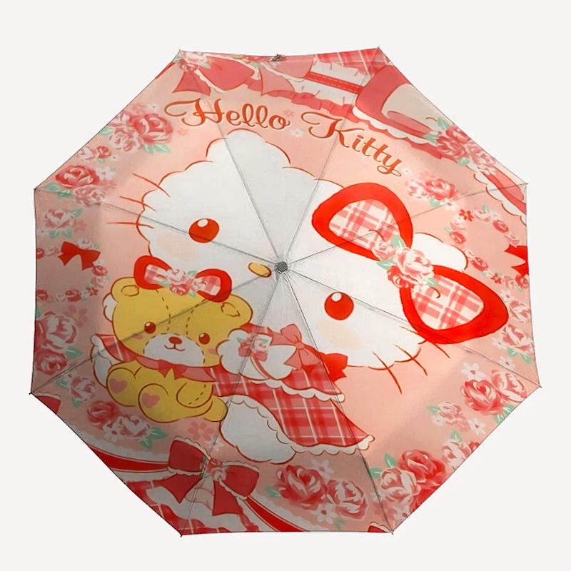 1pc Hello Kitty Plaid Bow Outdoor Umbrella - Automatic Open/Closed, Portable Tri-Fold Design, 8-Rib Iron Frame, Festival Gift for Fans, Travelers, Dai