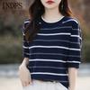 INDFS Женская мода Повседневная Летняя Весна Полосатый Принт Короткие Рукава О-Образный Вырез Блузки и Рубашки