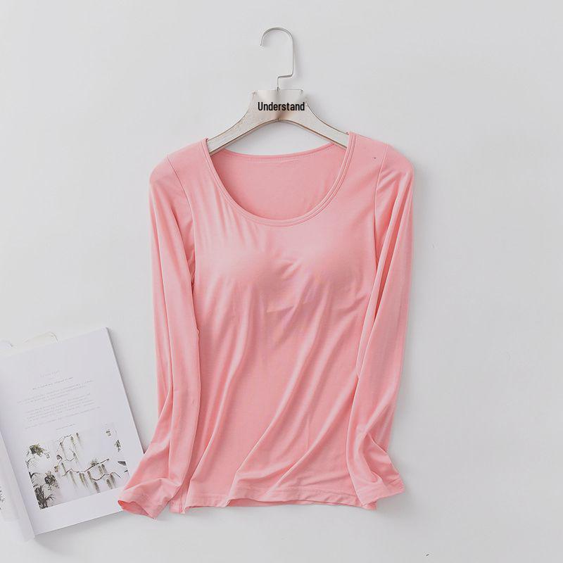 Женский однотонный топ с длинным рукавом и встроенной чашкой бюстгальтера – простой осенне-зимний стиль