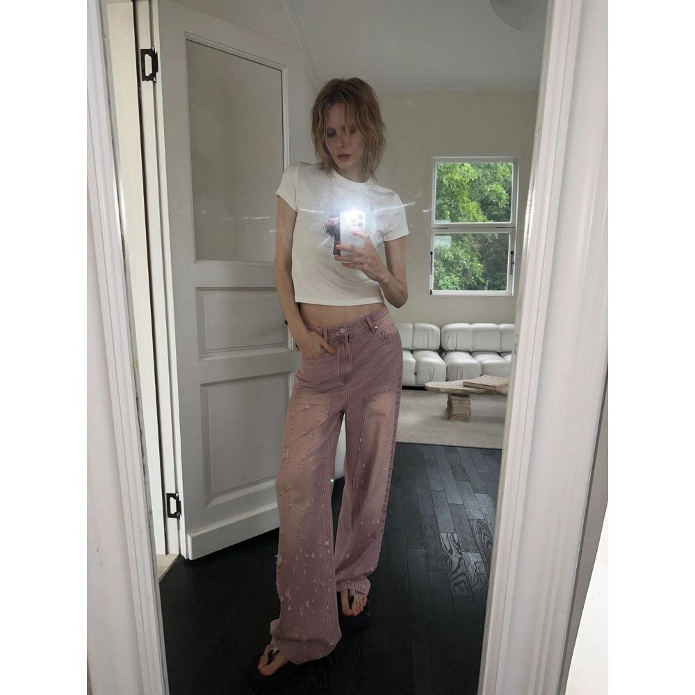 Винтажные фиолетовые, фиолетовые, розовые, с градиентом, женские джинсы, джинсовые брюки с рваными отверстиями, модные повседневные свободные прямые брюки большого размера