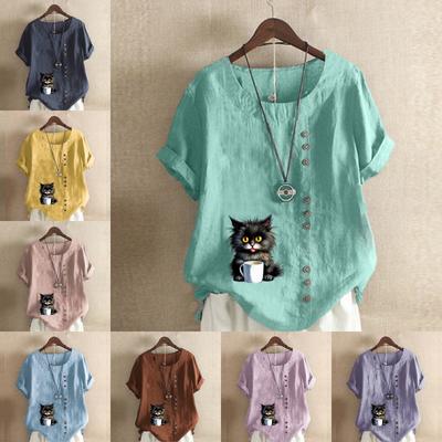 Женская модная футболка с короткими рукавами и принтом черной кошки, свободная хлопковая рубашка, повседневная свободная летняя блузка, топы больших размеров