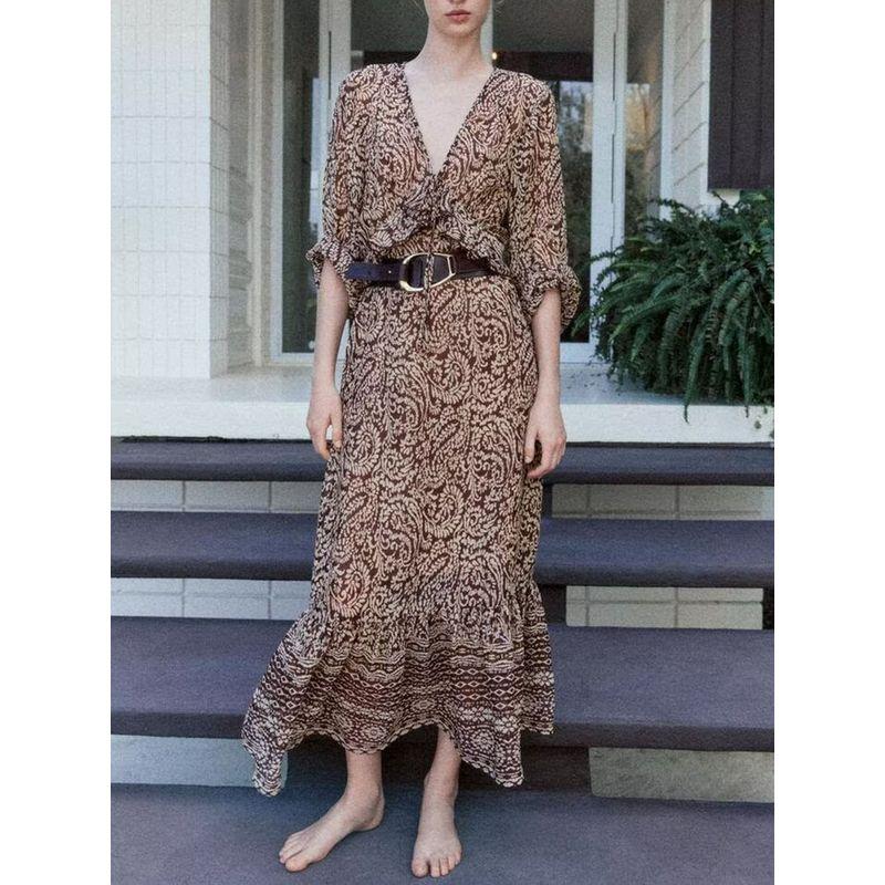 Za2025 Spring New Women's Clothing Elegant Laminated Decoration Printed V-neck Midi Skirt Dress 3564054 330