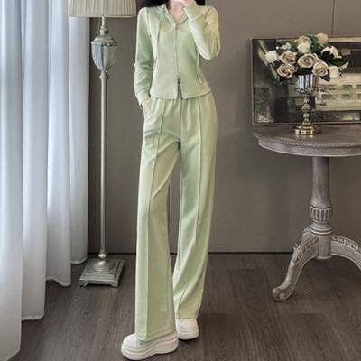 Модный повседневный спортивный костюм для женщин Ранняя осень Модный облегающий кардиган с капюшоном Брюки с широкими штанинами с длинными рукавами Комплект из двух предметов