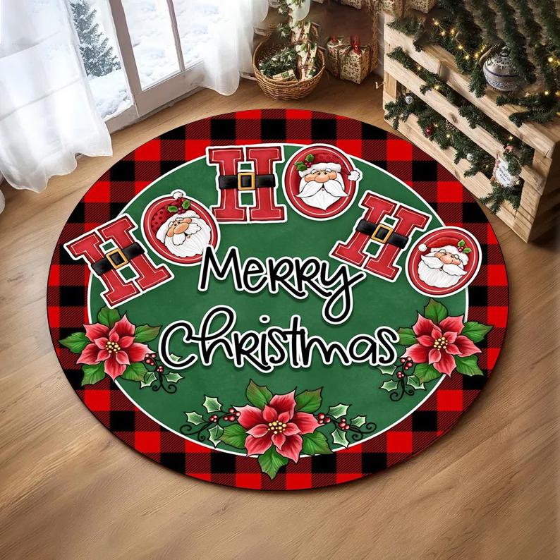 Christmas Ornaments Round Rug Merry Christmas Santa Rudolph Riding Home Mat Living Room Decor Sofa Rug Festival Event Carpet