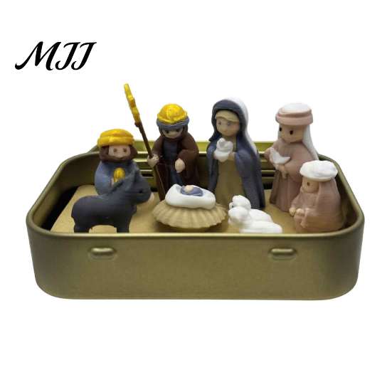 Niche Creative Holiday Present Mini Christmas Nativity Set in A Tin Box, 3D Printed Pocket Size Holy Family Retro Metal Storage Box Figurines,