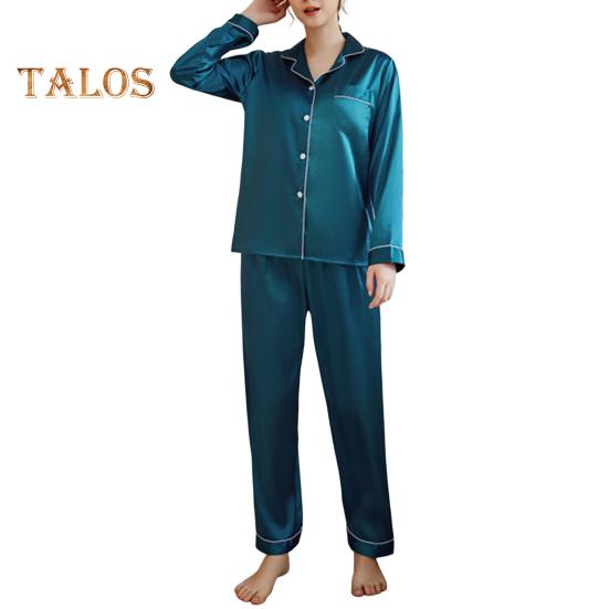 2 шт./комплект пижамный костюм атласный однобортный кардиган рубашка V-образный вырез воротник однотонная рубашка широкие свободные брюки ночная рубашка одежда для сна