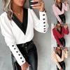 Women New Fashion V-neck Blouse Spring Autumn Solid Color Long-sleeved Button Shirt