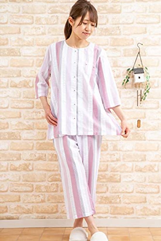 Smooth and Cool Soccer Open Summer Hospital 11504 [K's Eye] Women's Pajamas, 100% Skin-friendly Cotton, Stripes, 3/4 Sleeves, 8/4 Pants, Front,