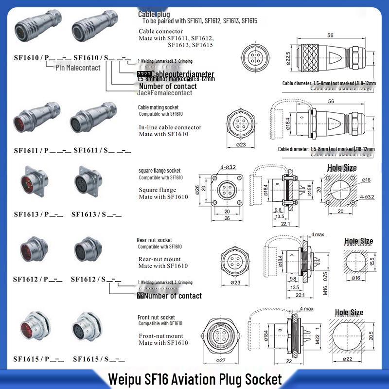 Weipu SF16 Aviation Plug Front & Rear Nuts Square Socket Connector: 2B/3B/4B/5/7/9 Pin