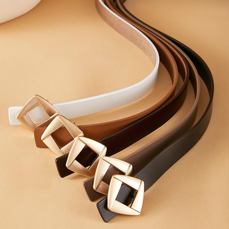 Женский ремень из цельной кожи с гладкой пряжкой для женщин, квадратная пряжка из цинкового сплава, корейский кожаный тонкий ремень
