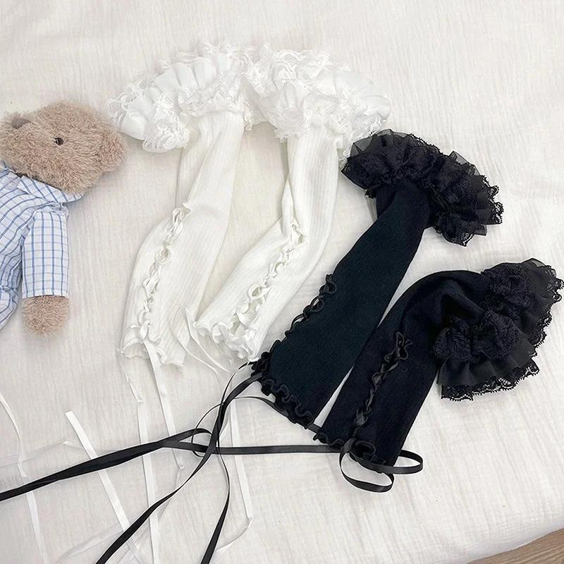 Женские кружевные гофрированные перчатки без пальцев с завязками на рукавах до локтя, эстетичные манжеты в стиле кавайной Лолиты