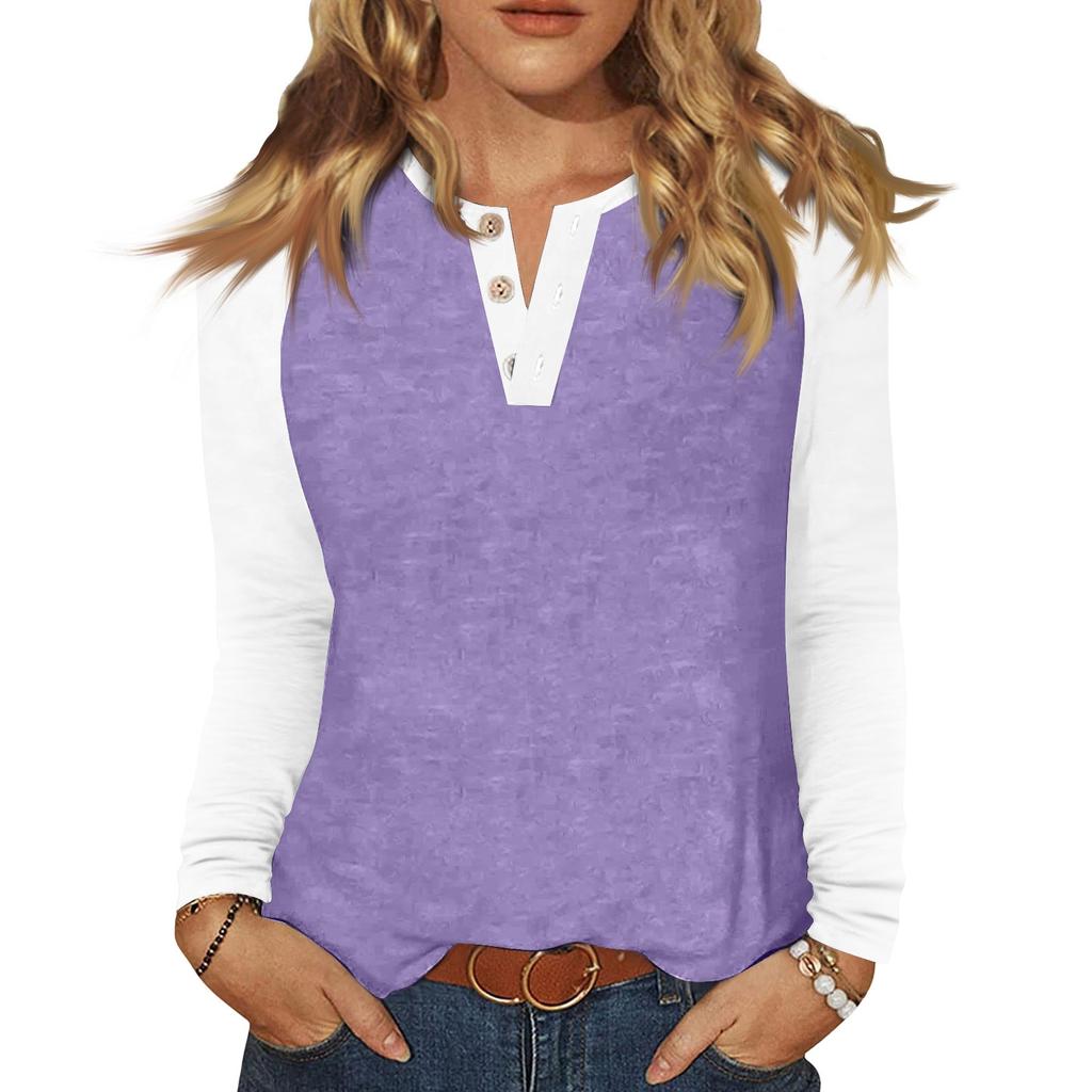 Женская футболка колор-блок на пуговицах с длинным рукавом, повседневная, для выходных, модная, базовая, с V-образным вырезом, обычная