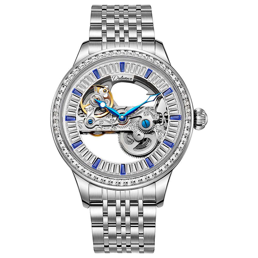 Dulunwe Роскошные полые автоматические наручные часы модные скелетонированные бриллиантовые мужские механические часы со стразами водонепроницаемые часы