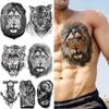 Black Lion Temporary Tattoos For Men Boys Realistic Tiger Wolf Skull Compass Octopus Fake Tattoo Sticker Chest Arm Tatoos 3D