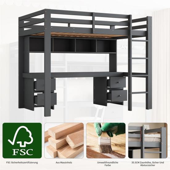 90x200cm Loft Bed, Children Bed, Bed Above, Table Below, Large Storage Space, High Railing, Stable Stairs,