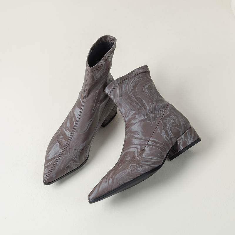 lenkisen PU Autumn Winter Shoes Thick Low Heels Printing Oriental Design Chelsea Boots Keep Warm Beauty Lady Ankle Boots