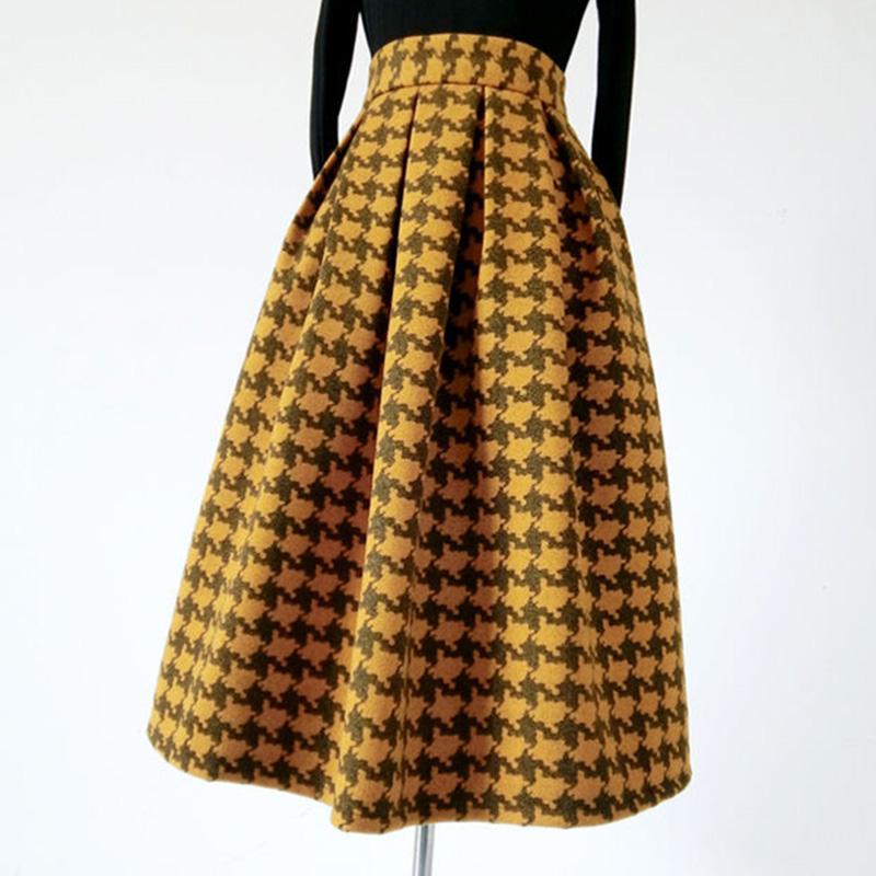 Женская шерстяная юбка в клетку, осенне-зимняя полуюбка, тонкая юбка трапециевидной формы с высокой талией и узором «гусиные лапки»
