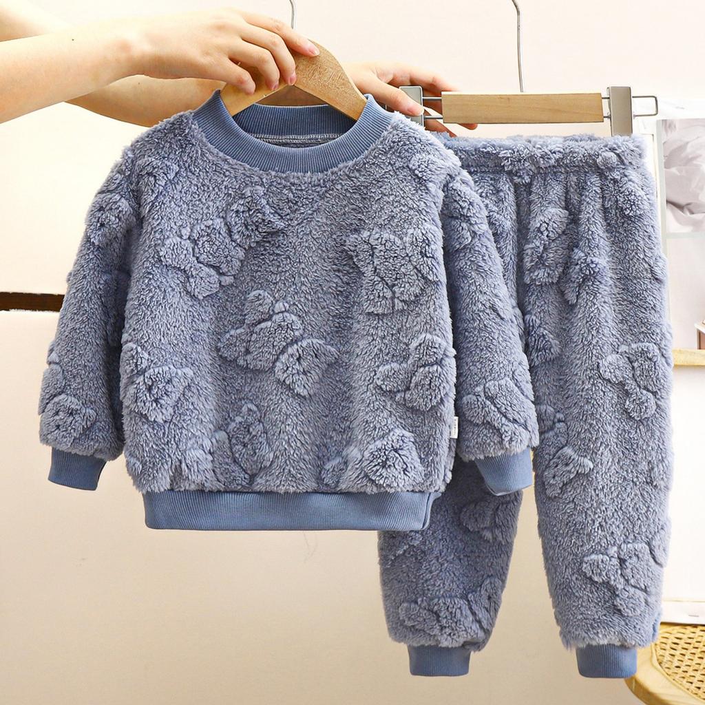 Children's Solid Color Thickened Flannel Warm Home Wear And Pajamas Set For Boys And Girls