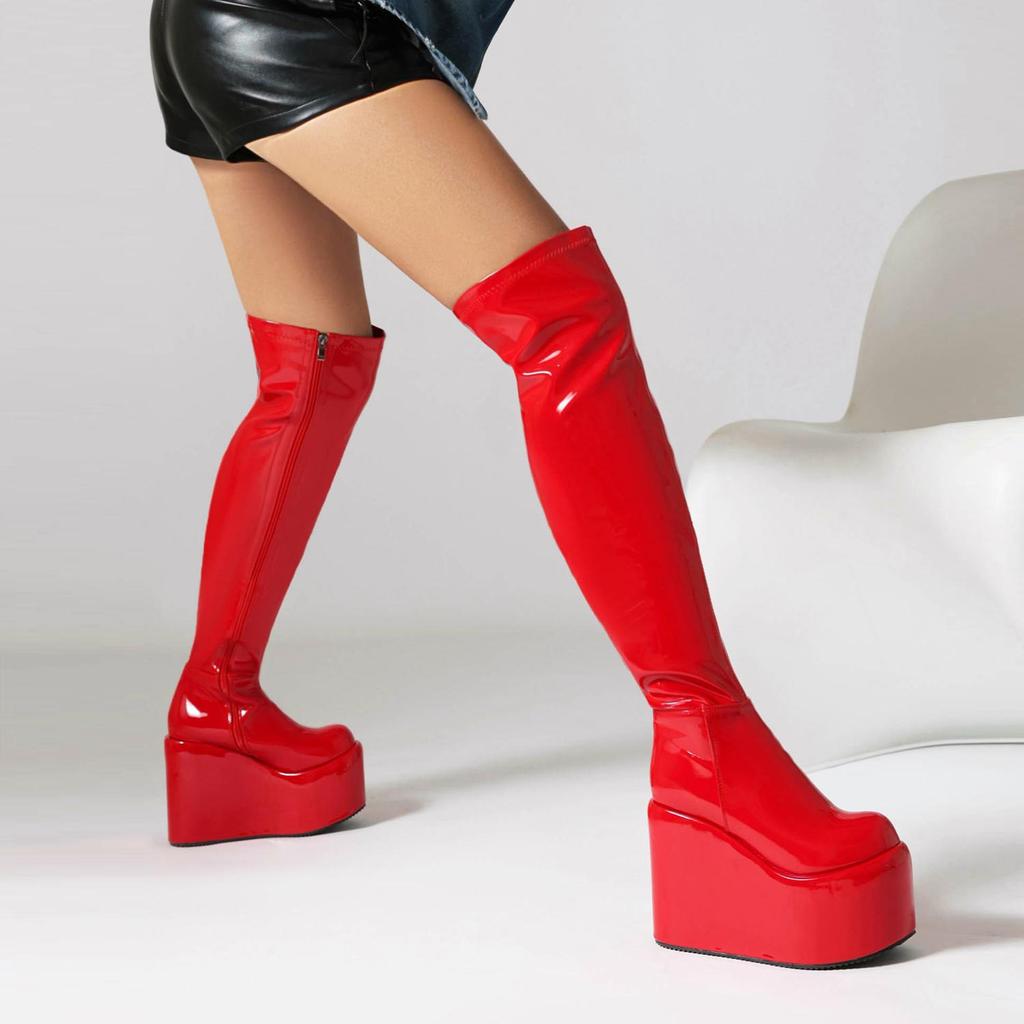 Krazing Pot PU Leather Spring Winter Keep Warm Shoes Super High Heels Waterproof Wedges Stretch Boots Zipper Women Over-the-knee Boots