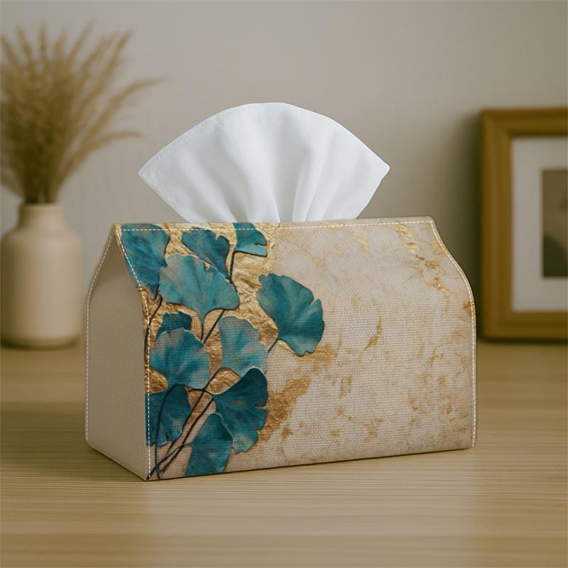 1pc of 2D Flat Printed Artistic Abstract Marble Tissue Box Cover, Featuring a Blue Botanical And Golden Design. It Is High-Quality, Waterproof, Durabl