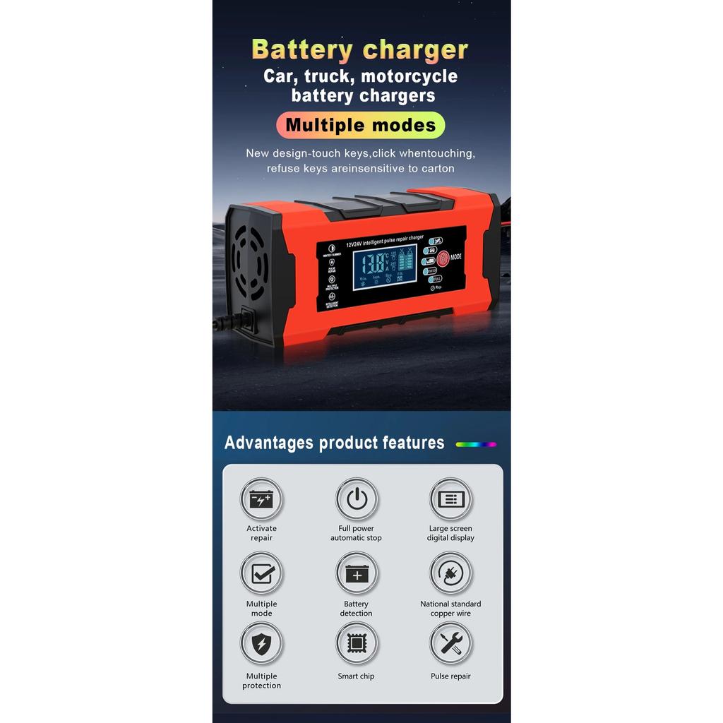 Зарядное устройство для аккумуляторов 24 В 5 А 12 В 10 А, умная быстрая зарядка для автомобильных аккумуляторов, 7-ступенчатый импульсный заряд, ремонт для AGM GEL WET свинцово-кислотных аккумуляторов