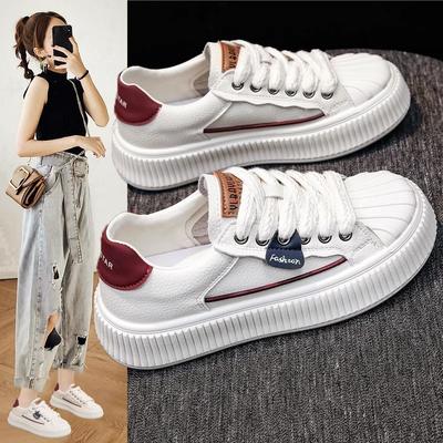 Кожаные белые туфли женские весенние новые студенческие универсальные туфли в форме печенья с толстой подошвой и ракушечным носком повседневные спортивные туфли для скейтбординга
