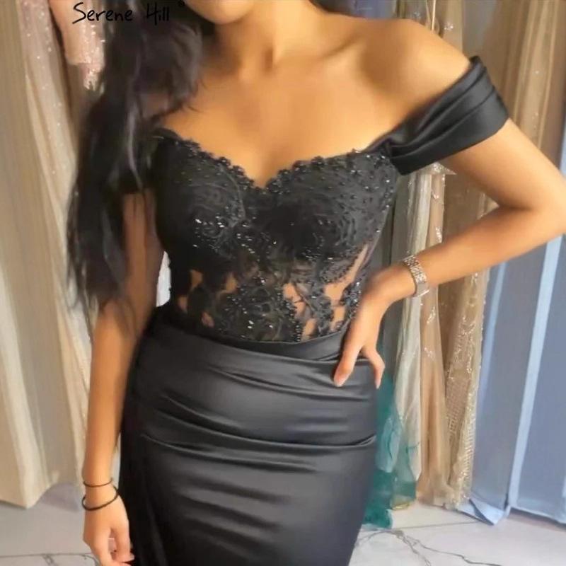 Serene hill black sexy one-word shoulder beaded fishtail skirt banquet host evening dress LA11111