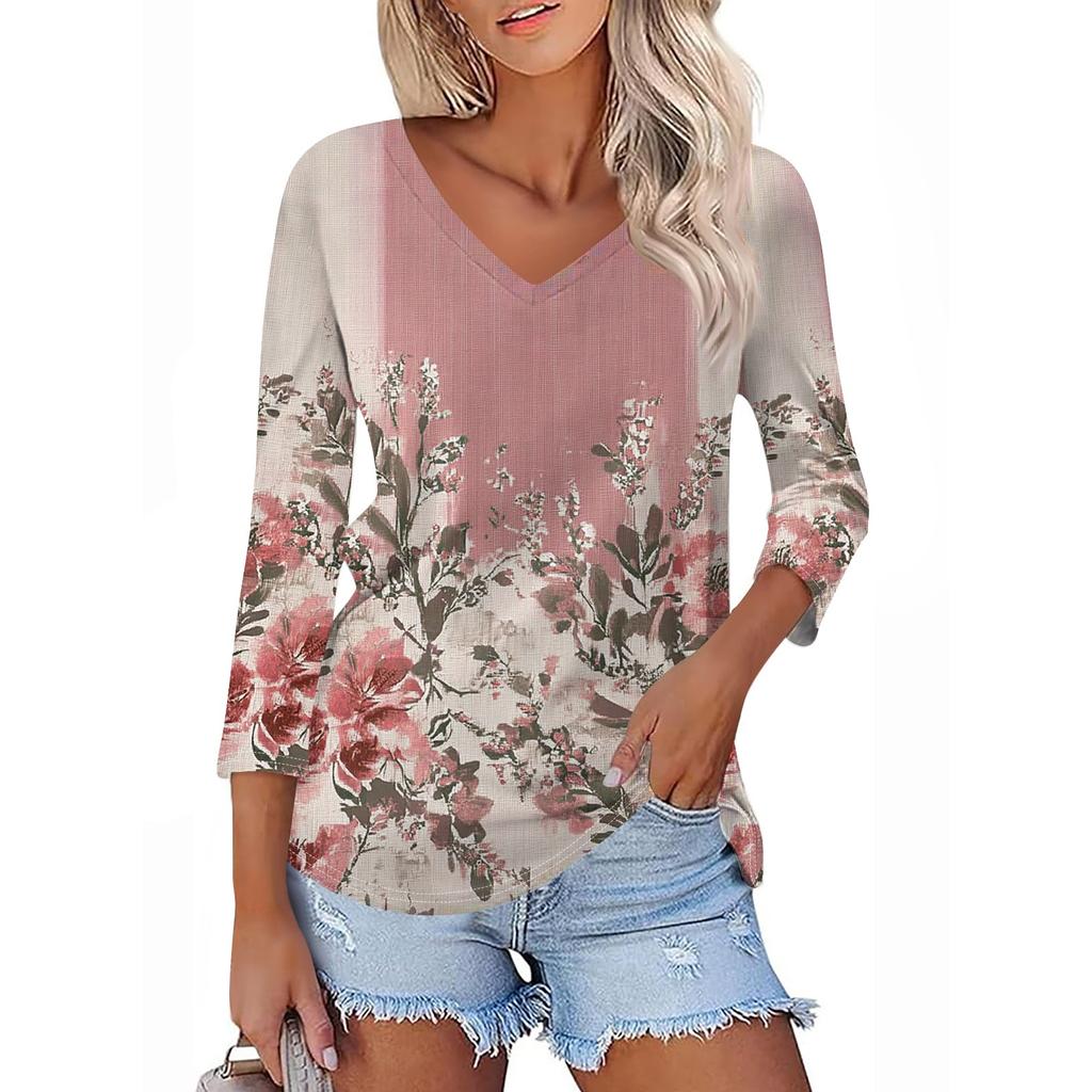 Женская футболка Футболка с принтом Рукав 3/4 Повседневные Выходные Мода Классический V-образный вырез Обычный Топ