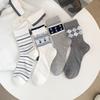 Grey Checkered Mid-calf Socks Korean Style Boneless Pile Socks One Size Cotton Socks  Spring Summer