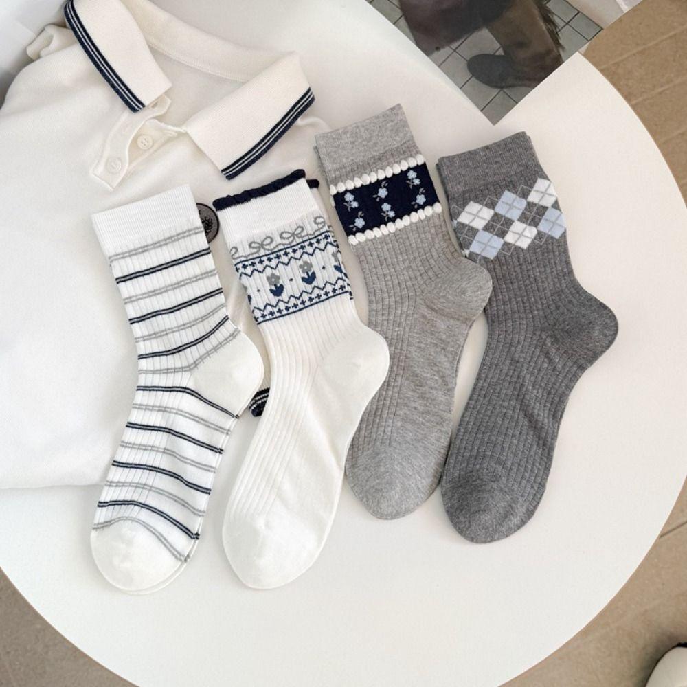 Grey Checkered Mid-calf Socks Korean Style Boneless Pile Socks One Size Cotton Socks  Spring Summer