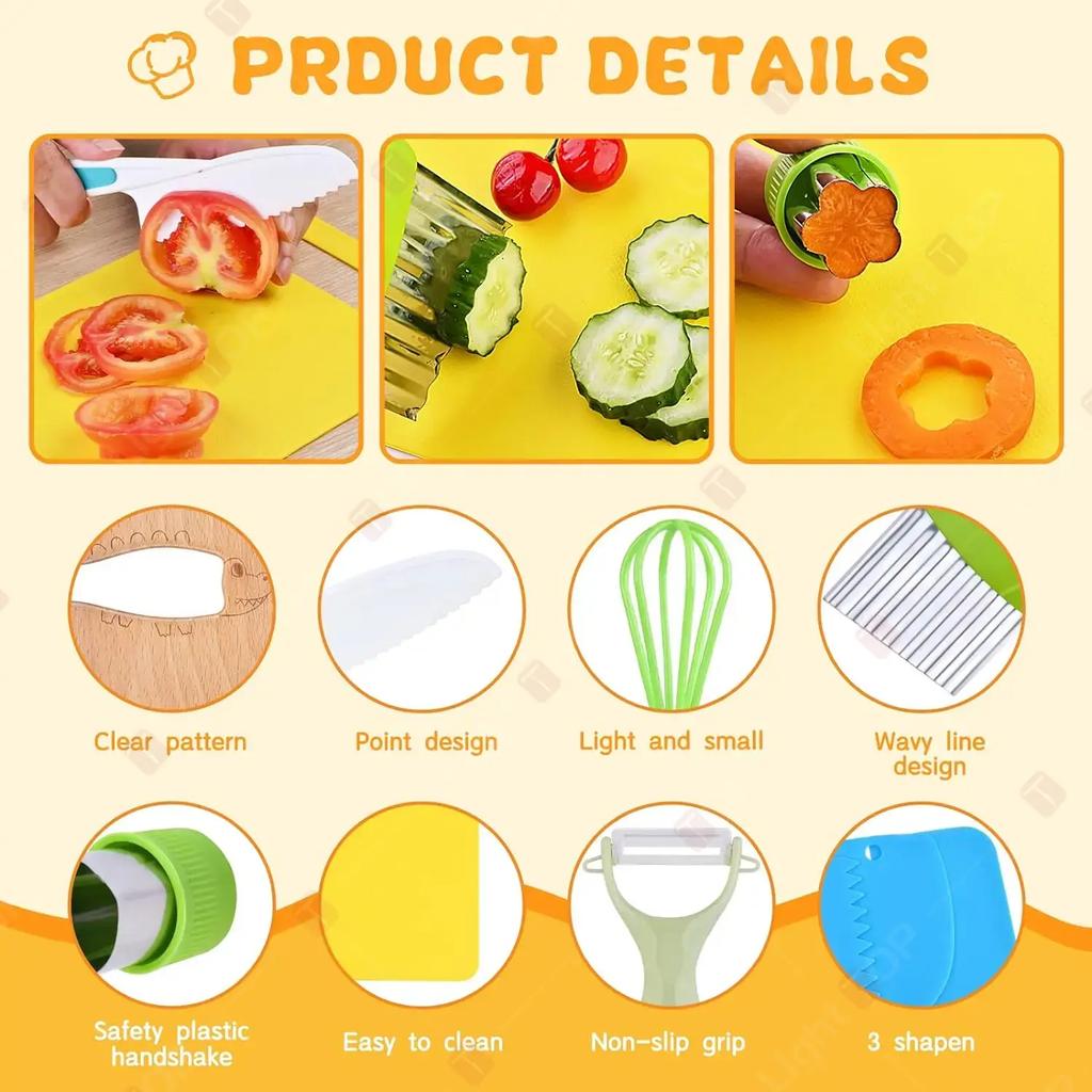17 Pieces Kids Cooking Set Real Montessori Kitchen Tools Toddler Safe Serrated Edges with Plastic Knife Cutting Board Scissors