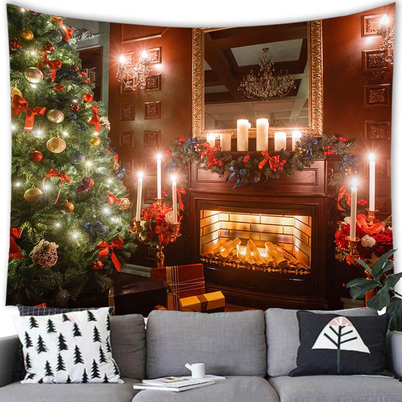 Merry Christmas Christmas Tree Fireplace Printed Pattern Tapestry Home Living Room Bedroom Background Wall Decoration Tapestry