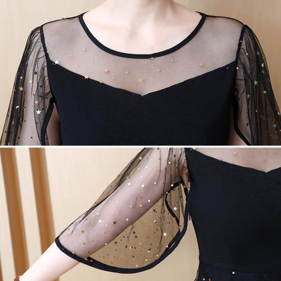 Женское вечернее платье в сетку в стиле пэчворк, нерегулярное мини-платье с круглым вырезом, звездами и блестками, двухслойное с рюшами и короткими рукавами, вечерние мини-платье для выпускного вечера