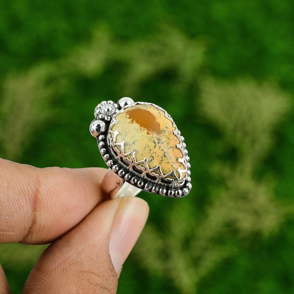 Натуральный Камень Яшма Пикассо Штабелируемое Желтое Регулируемое Кольцо из Серебра 925 пробы