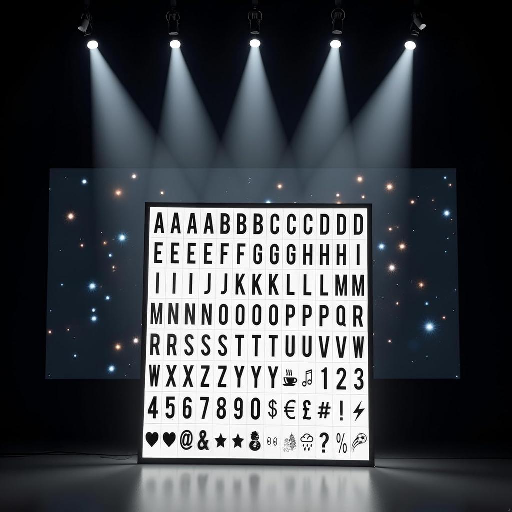 A Set 104Pcs Black Cinematic Lightbox Replacement Letters and Numbers Signs for A4 Light Up Letter Box Sign Message Board,Message Signs,Presentation