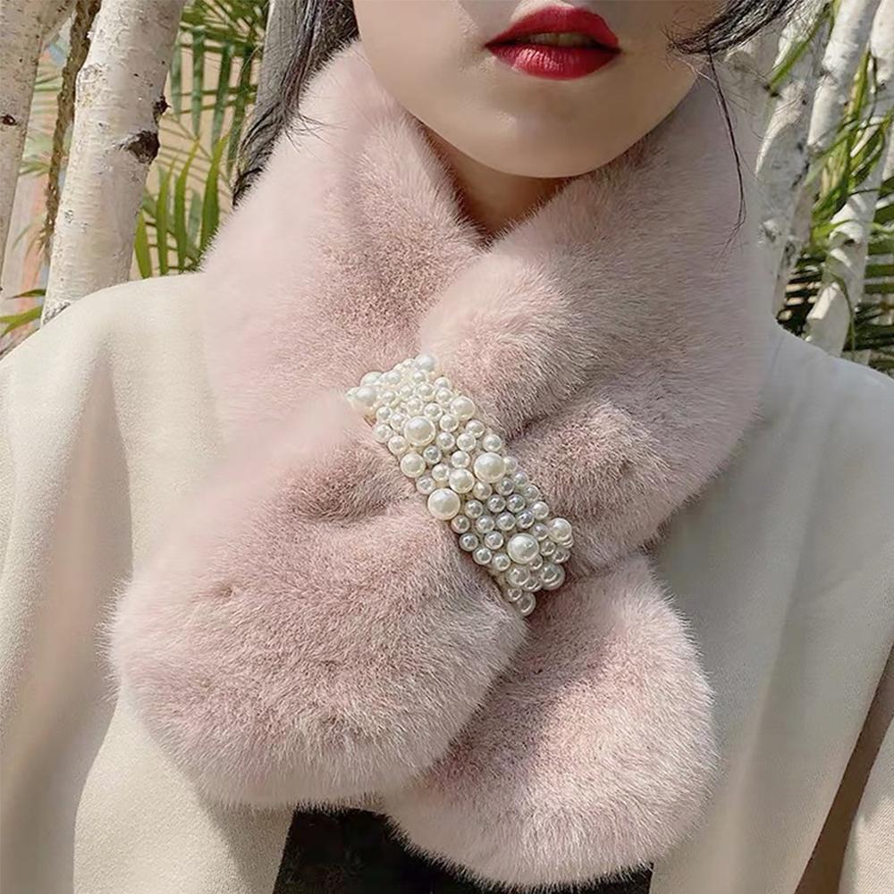 Women Winter Pearl Cross Plush Scarfs Neck Warmers Shawl Warm Scarfs