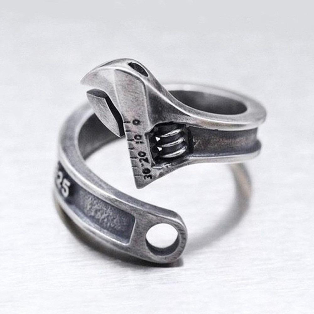 Heavy Duty Spanner Finger Ring Silver Plated Biker Jewelry Wrench-Shaped Open Ring  Boys Girls