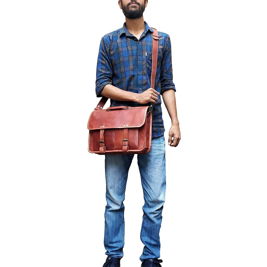 16" Leather Messenger Bag Laptop Case Office Briefcase Gift for Men Computer Distressed Shoulder Bag