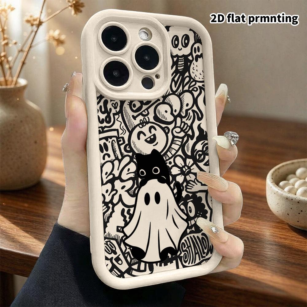 Phone Case: 2D flat design suitable for iPhone 18 17 16 15 14 13 Pro tiered protective case, ghost little black cat, Christmas and Halloween gift