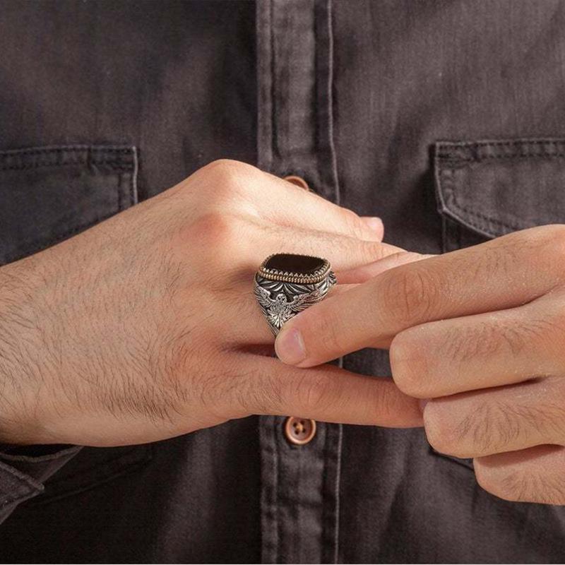Huajie Персональные Мужские Турецкие Печатки Двухцветные Резные Орёл Животный Узор Черный Циркон Ретро Кольцо Тренд