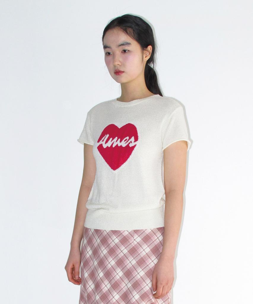 AMES-WORLDWIDE Heart Short Sleeve Knit Cream