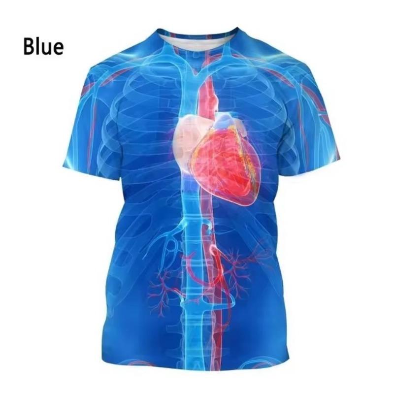 Fashion New Printing Human Organs and Bones Men's T-shirt Casual Short Sleeved Round Neck Harajuku Large Comfortable