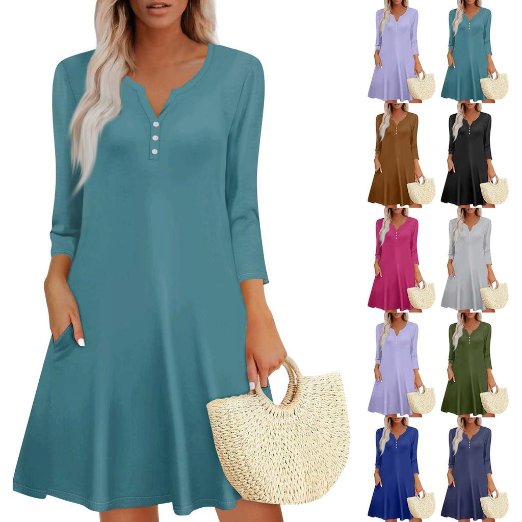 Women's Summer Dress Loose V Neck Three-quarter Sleeve Sundress With Pockets Dress