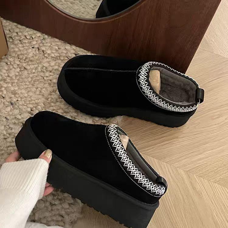 Luxury Designer Women Leather Suede Wool Comfort Style Leopard Platform Mules Embroidery Edge Winter Shoes Warm Fashion for Lady