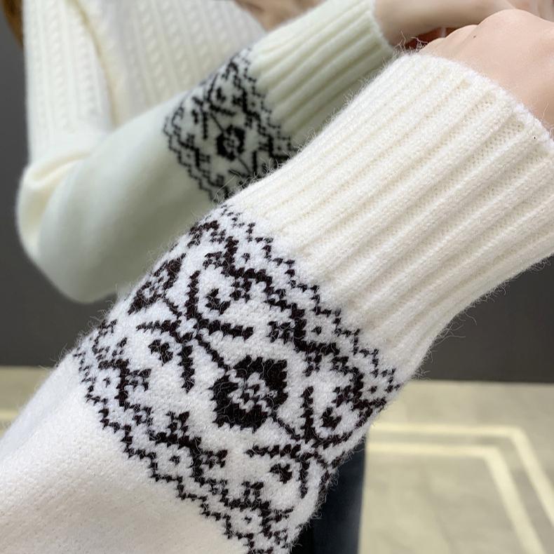 Осенне-зимний женский свитер с полувысоким воротником, свободный, толстый пуловер, вязаный топ, жаккардовый, эластичный вязаный топ, джемпер.