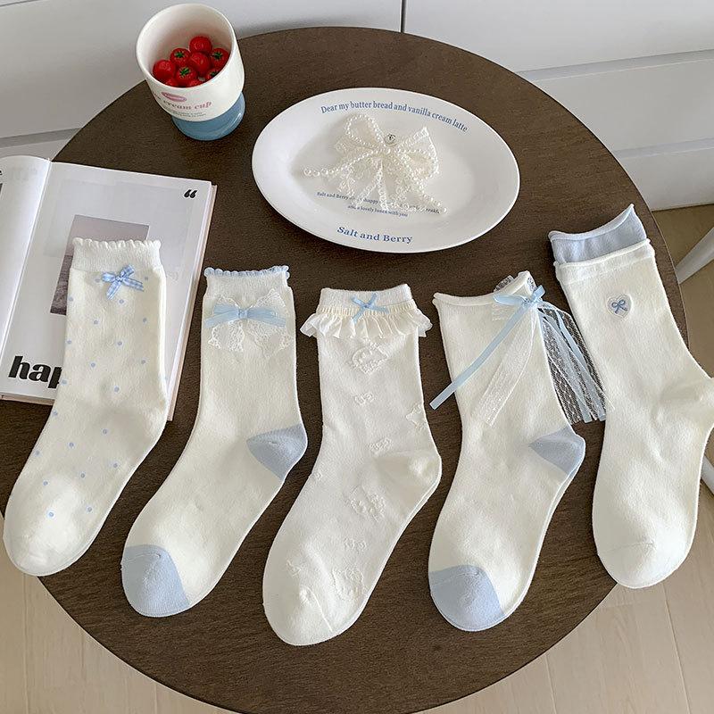 Женские весенне-осенние милые носки-гольфы средней длины с бантом и кружевом в сочетающихся цветах