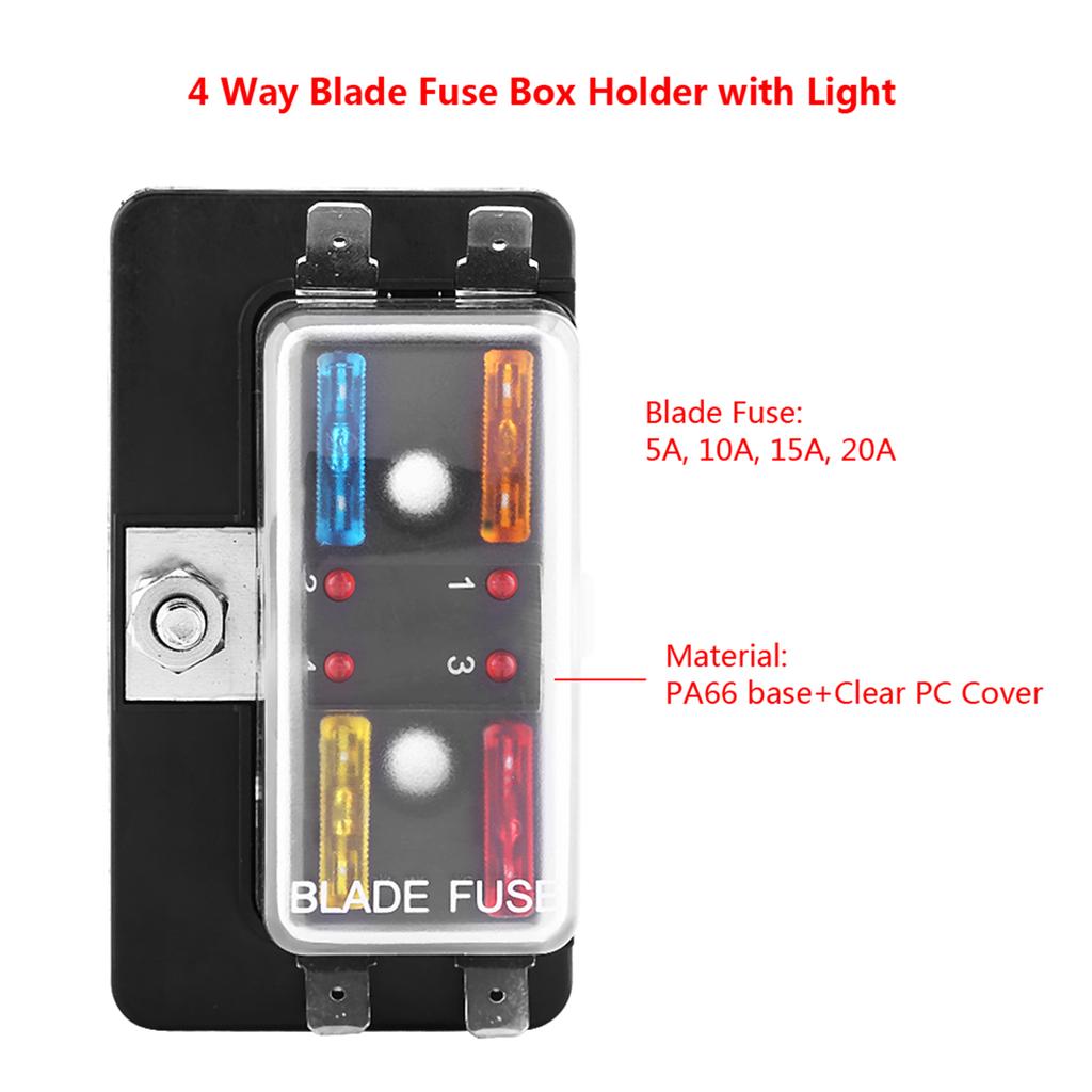4 Way Circuit Blade Fuse Box Block Holder With LED Warning Light Kit For Car Van Boat Marine