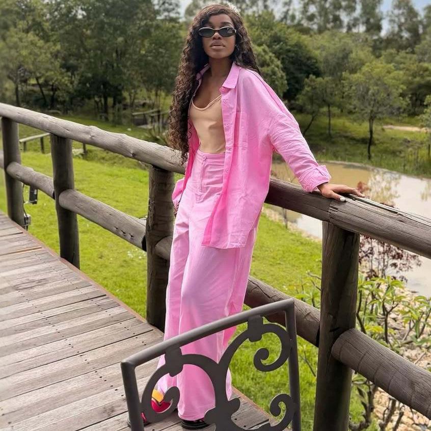 African women's clothing set: pink cardigan, lapel button, long-sleeve shirt, European and American casual wide-leg pants two-piece set