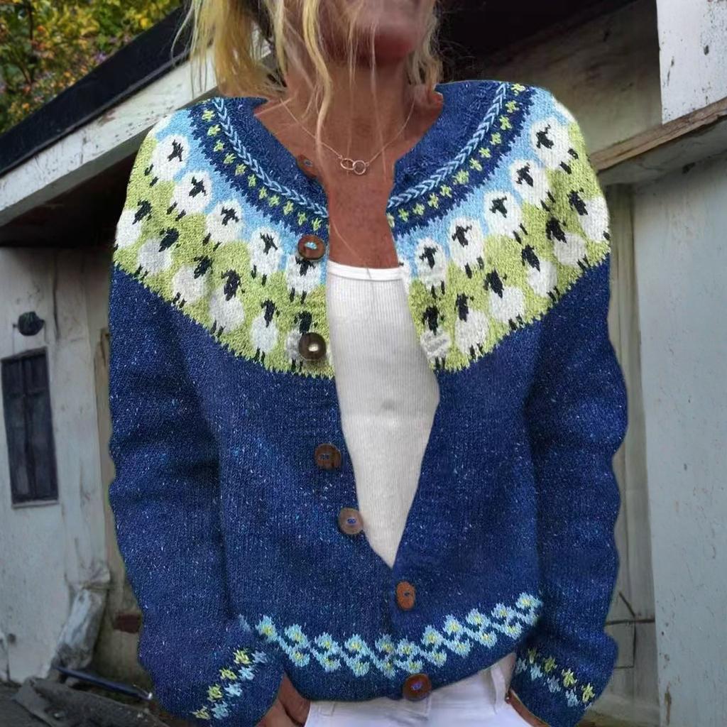 Кардиганы в стиле Fair Isle для женщин, с круглым вырезом, свободного кроя, на пуговицах, объемный свитер, с открытой передней частью, повседневная вязаная куртка на осень